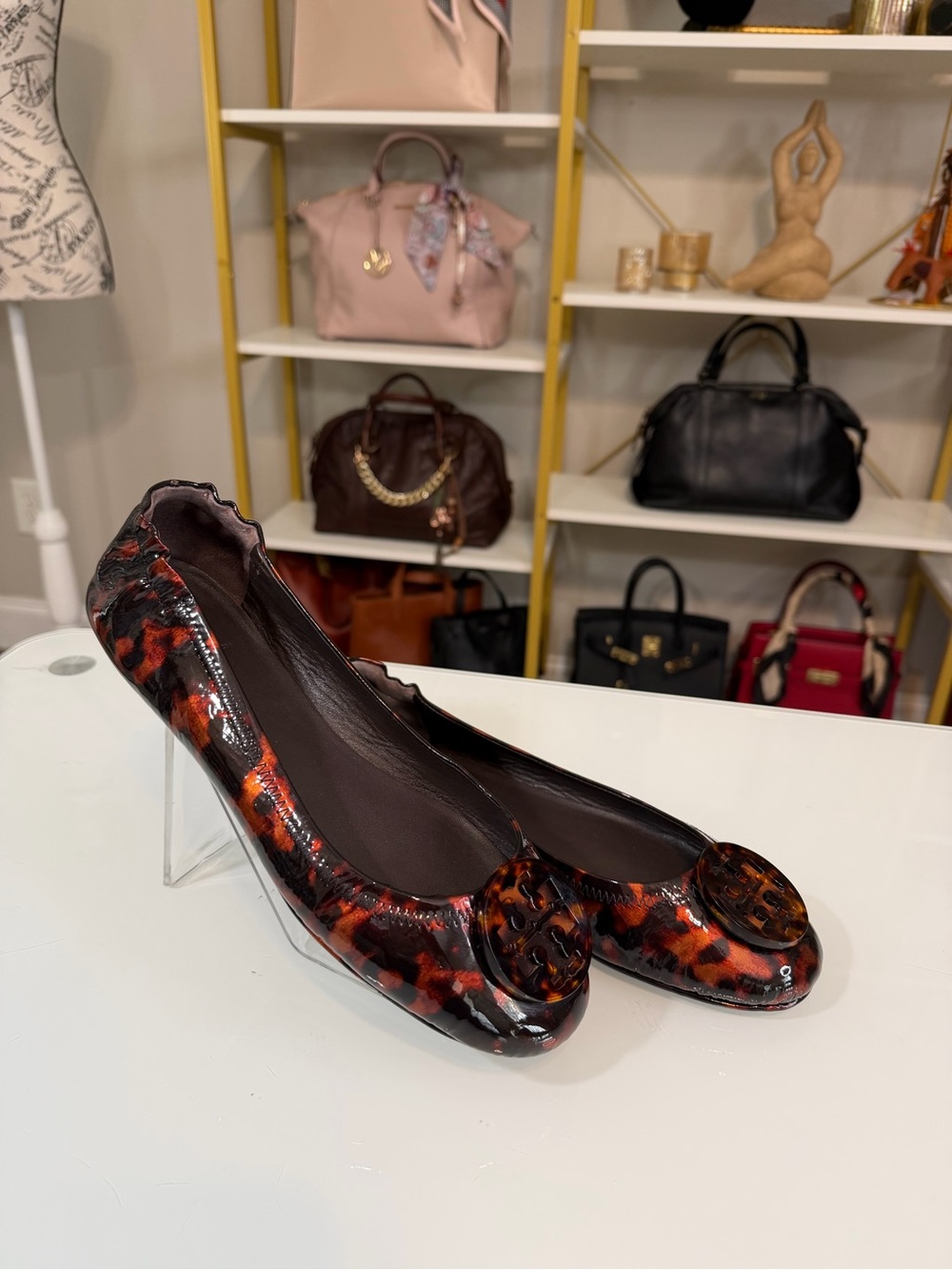 Tory Burch Tortoiseshell Patent Reva Ballet Flats - Brown/Black/Amber Sz 8.5